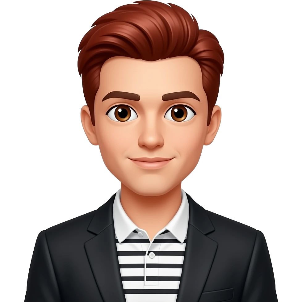 Young Man with red hair styled into a pompadour, dark brown eyes, black blazer, white and black striped polo shirt without buttons emoji