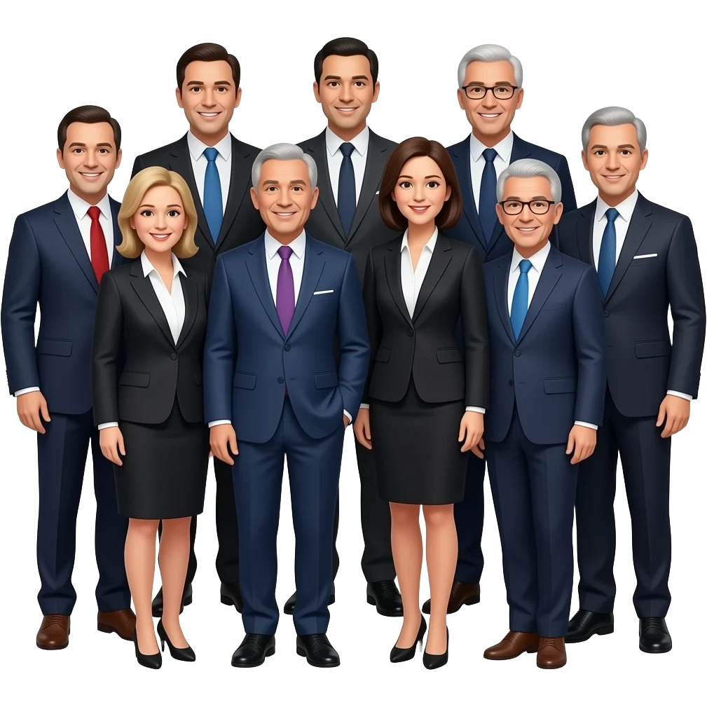 een groep politici van alle leeftijden die fier op de foto staan, strak in het pak. emoji