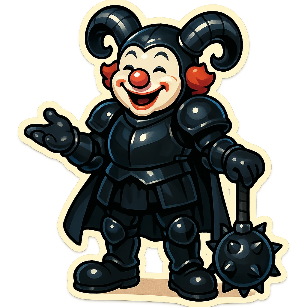 A jovial armored clown with ram horns, glossy black on matte black armor, short cape hanging down, large black clown shoes, standing relaxed with feet apart, one arm down holding an oversized spiked mace to the ground, the other hand gesturing outward, eyes barely open, smiling, vibrant retro stickers style, no yellow aged tint, full body, transparent background emoji