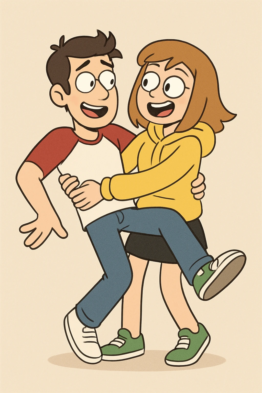 A man Raglan sleeves with Red t-shirts blue jeans white shoes carried by a cute a girl yellow hoodie black skirt green shoe  emoji