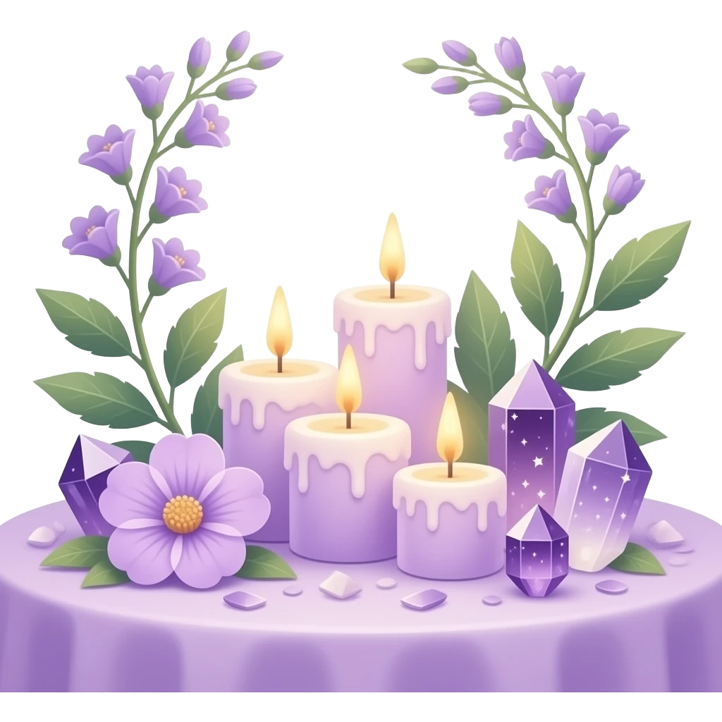 Aesthetic scenic romantic lavender lilac pastels beautiful gorgeous holy divine spiritual pretty elegant sparkly shiny scene of Candles, flowers, plants leaves, amethyst crystals, scenic aesthetic scenery Transparent background emoji
