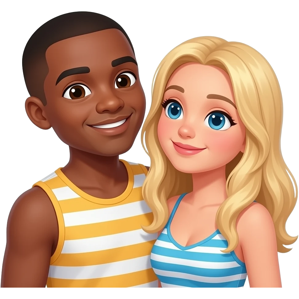 Black man with shaved head kissing blonde girlfriend on the beach emoji