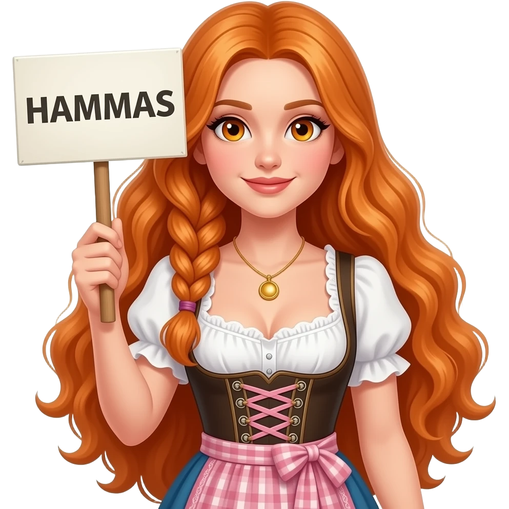 sexy girl with overlong ginger hair in braids and ginger eyes wearing a dirndl holding a HAMMAS sign emoji