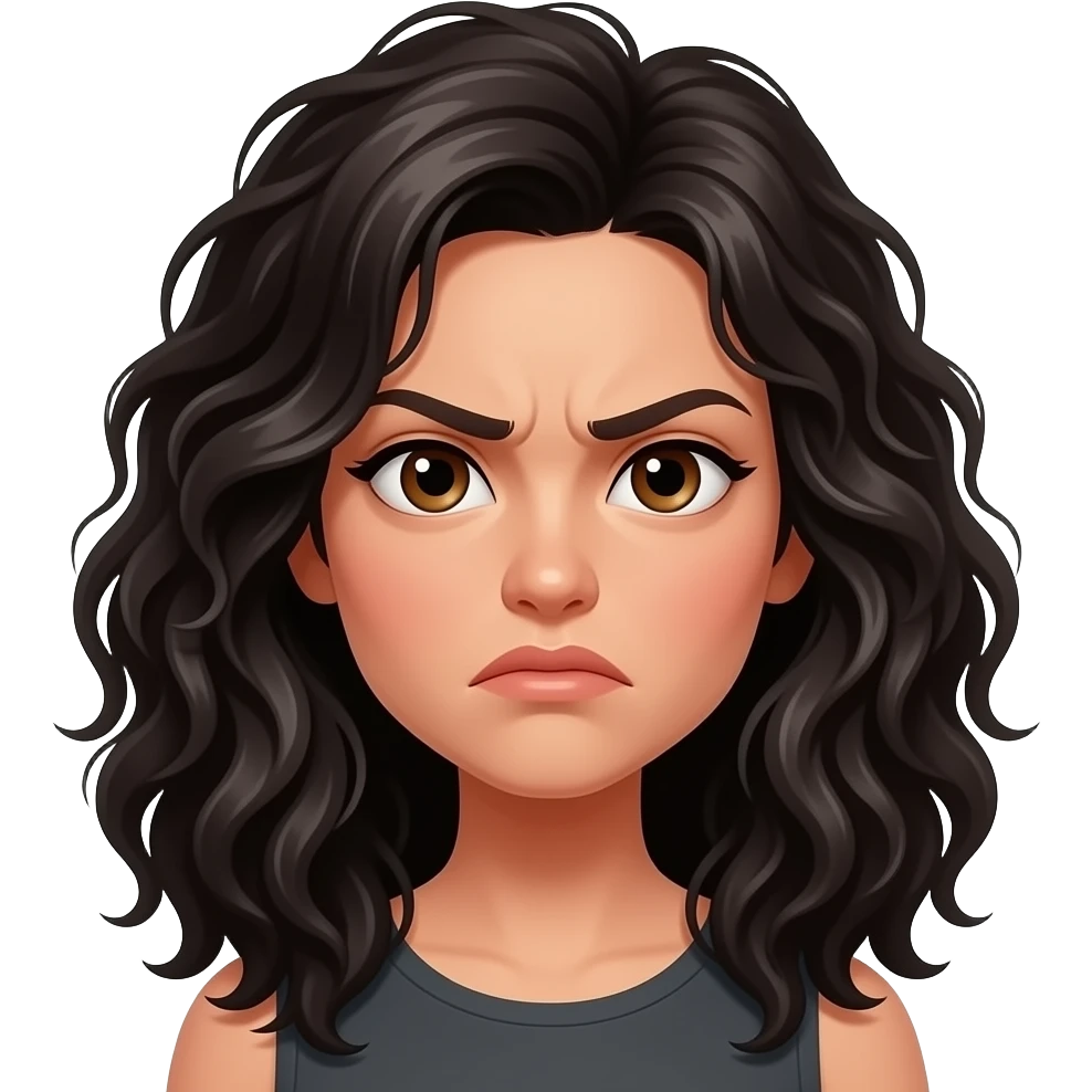 The head of a woman with dark brown eyes, long really curly messy black hair, rolling her eyes annoyed emoji