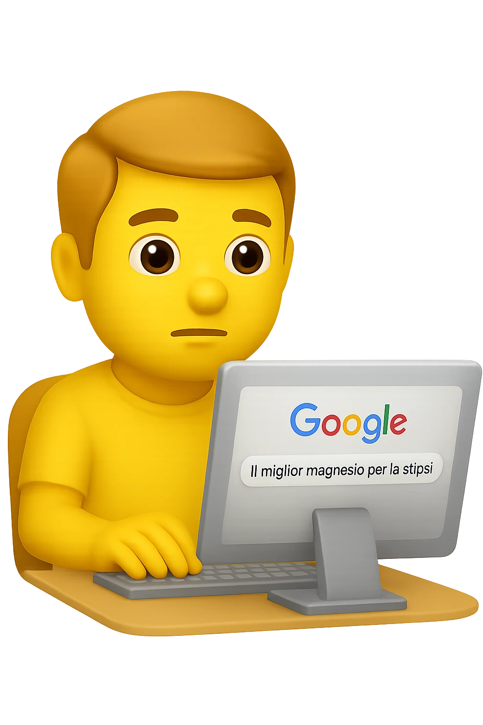 emoji stile iphone di un uomo davanti al pc che cerca di google: "Il miglior magnesio per la stipsi", iperrealistico 4k emoji