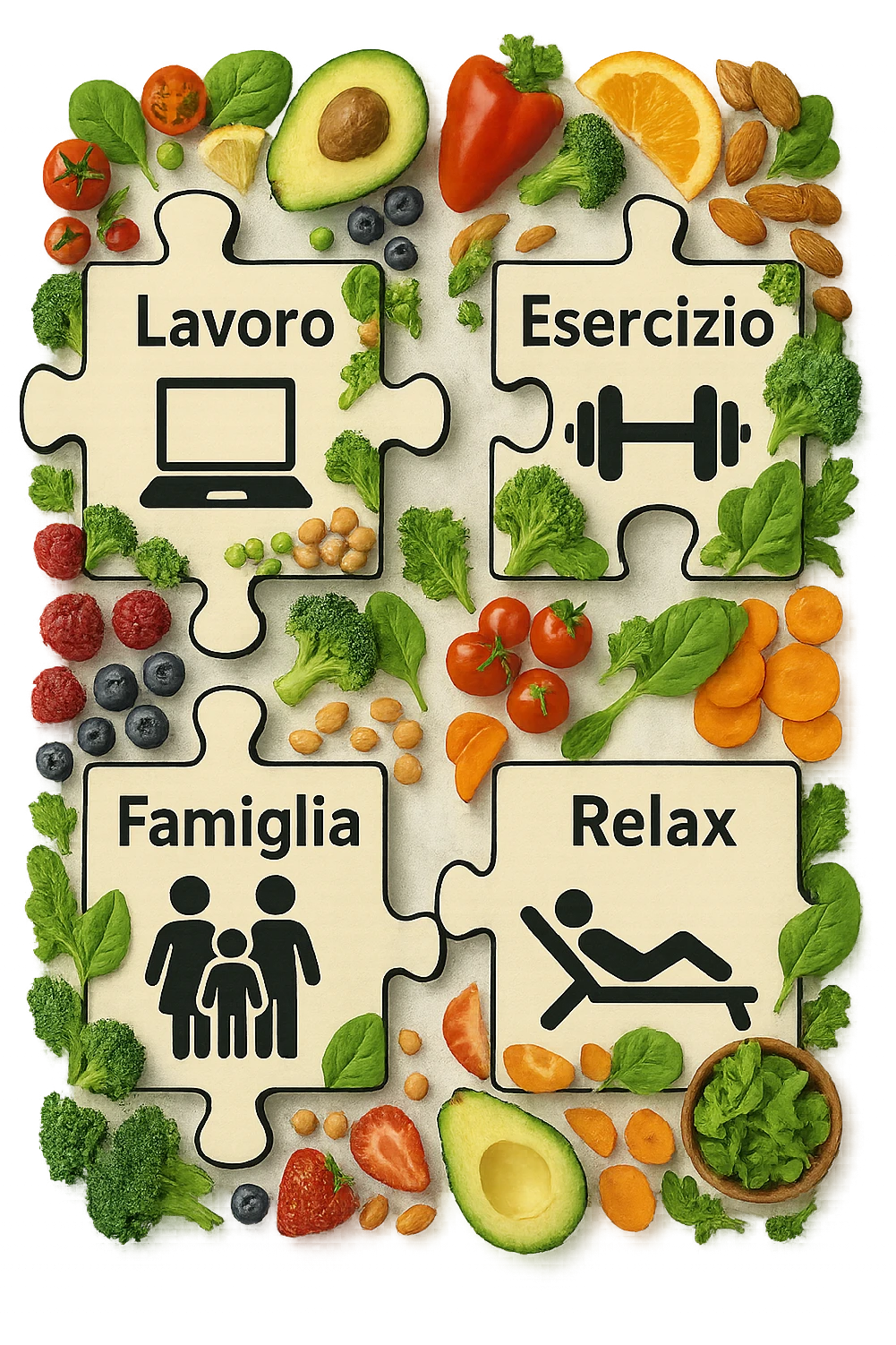 Puzzle (Lavoro, Esercizio, Famiglia, Relax), in lavoro metti icona di un PC, in Esercizio un Manubrio, in Famiglia una famiglia, in Relax qualcuno che riposa and healthy foods are integrated into each piece. in italiano emoji