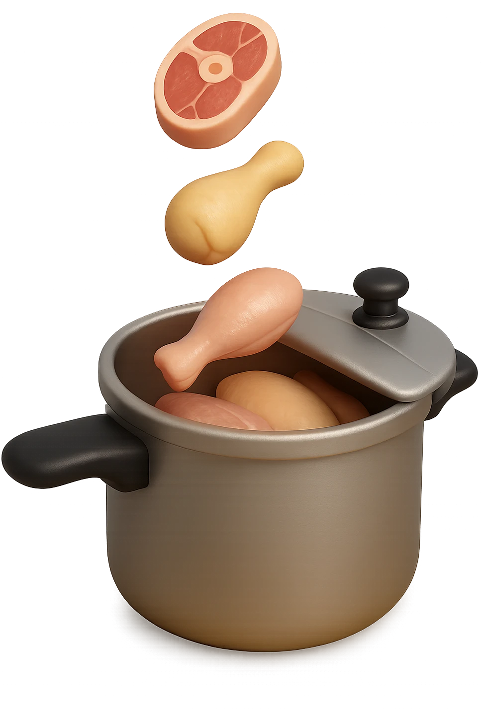 emoji stile iphone in 3d di una pentola a pressione dentro cui cadono agnello, pollo e tacchino crudi da cuocere, iperrealistico 4k emoji