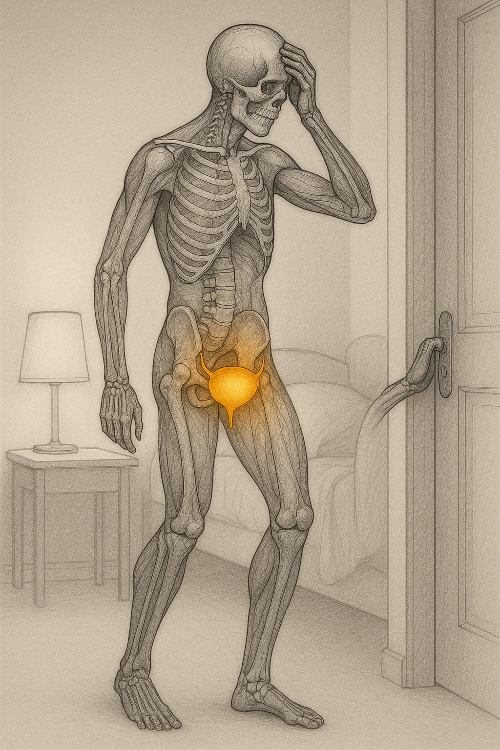 CORPO UMANO ANATOMICO CHE SI SVEGLIA LA NOTTE PER SVUOTARE LA VESCICA, VESCICA ANATOMICA IN EVIDENZA, SFONDO CHIARO NEUTRO emoji