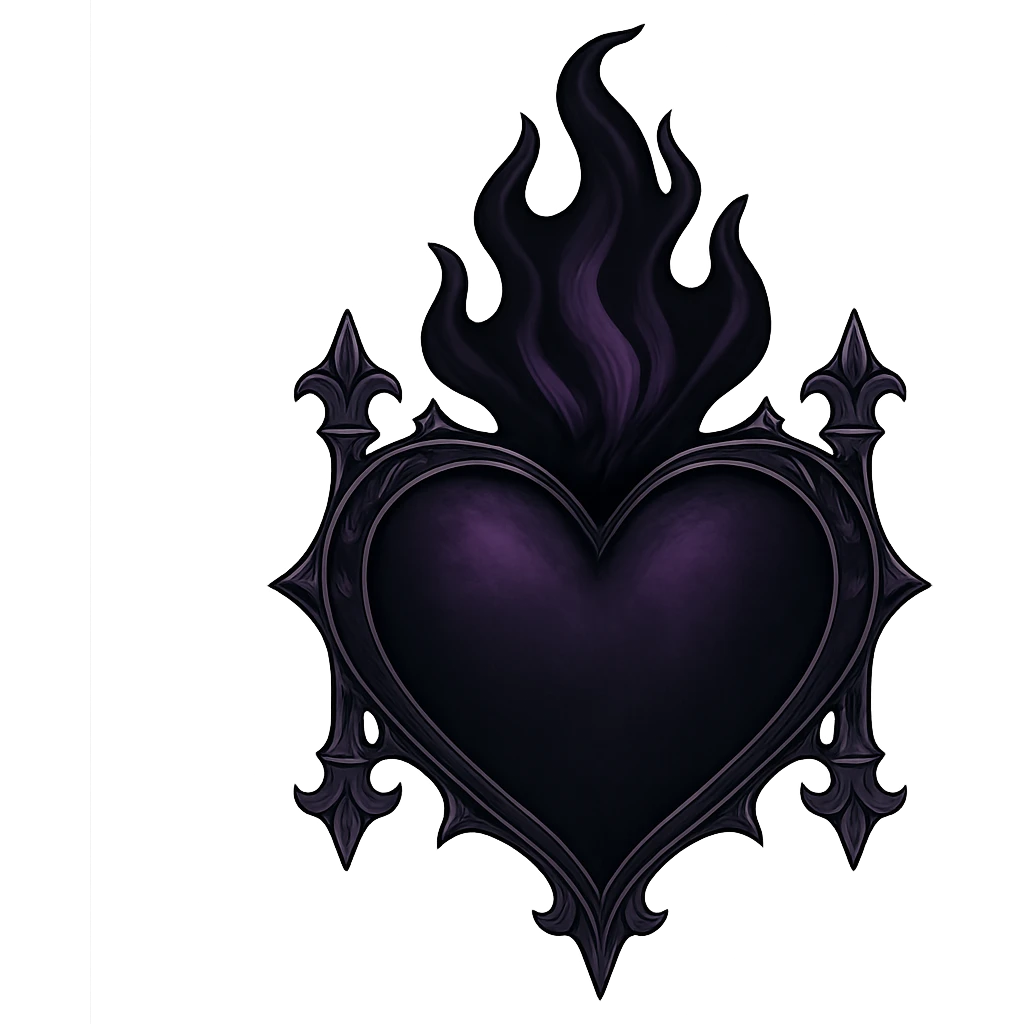 gothic style heart with a dark flame, black and purple colors, transparent background emoji
