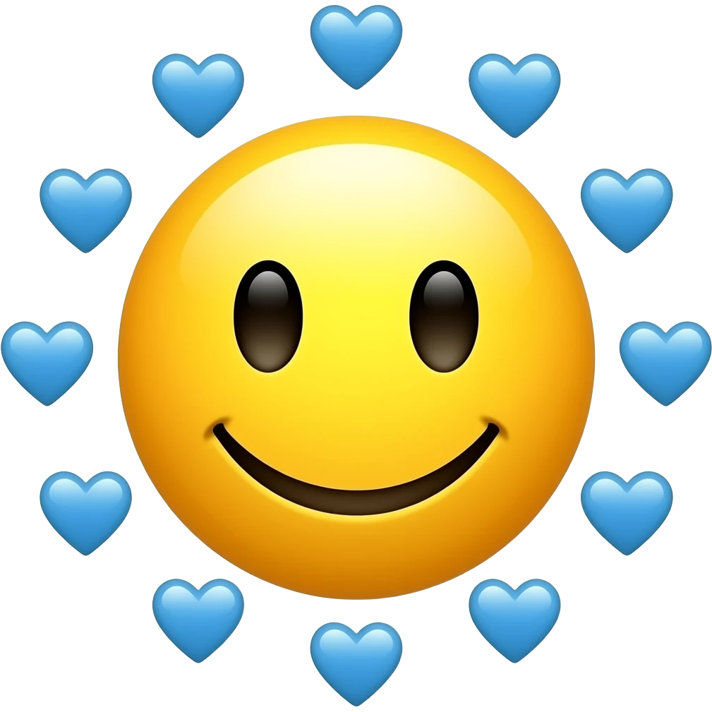 In terms create a emoji that is style of iPhone emoji, a yellow face that smile very happily. And there are blue hearts around the emoji emoji