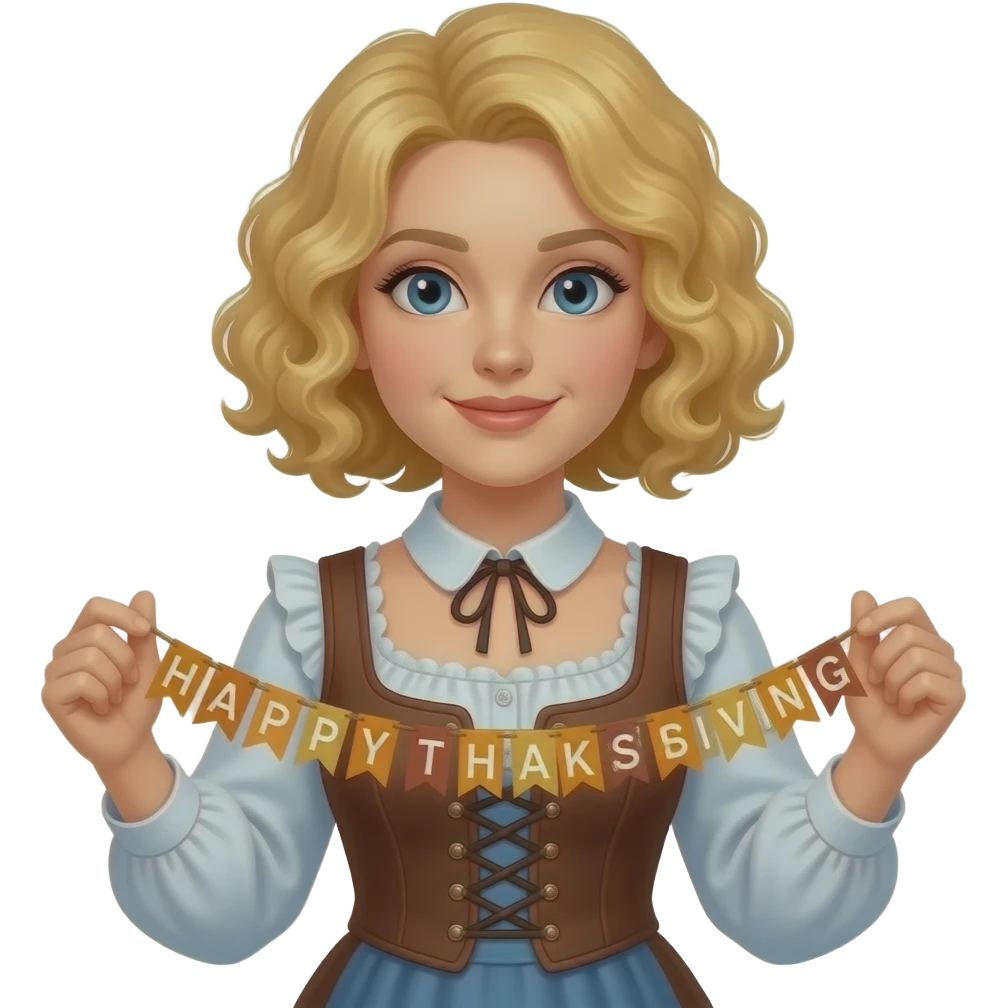 blonde tight curly hair in a short bob Happy Thanksgiving banner in a pilgram woman dress emoji