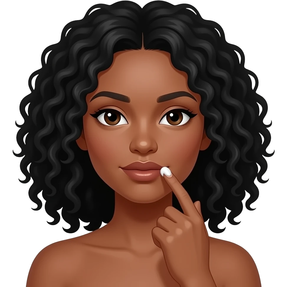 Medium dark skinned woman with black curly shoulder-length hair spreading cream above her upper lip with her finger. emoji
