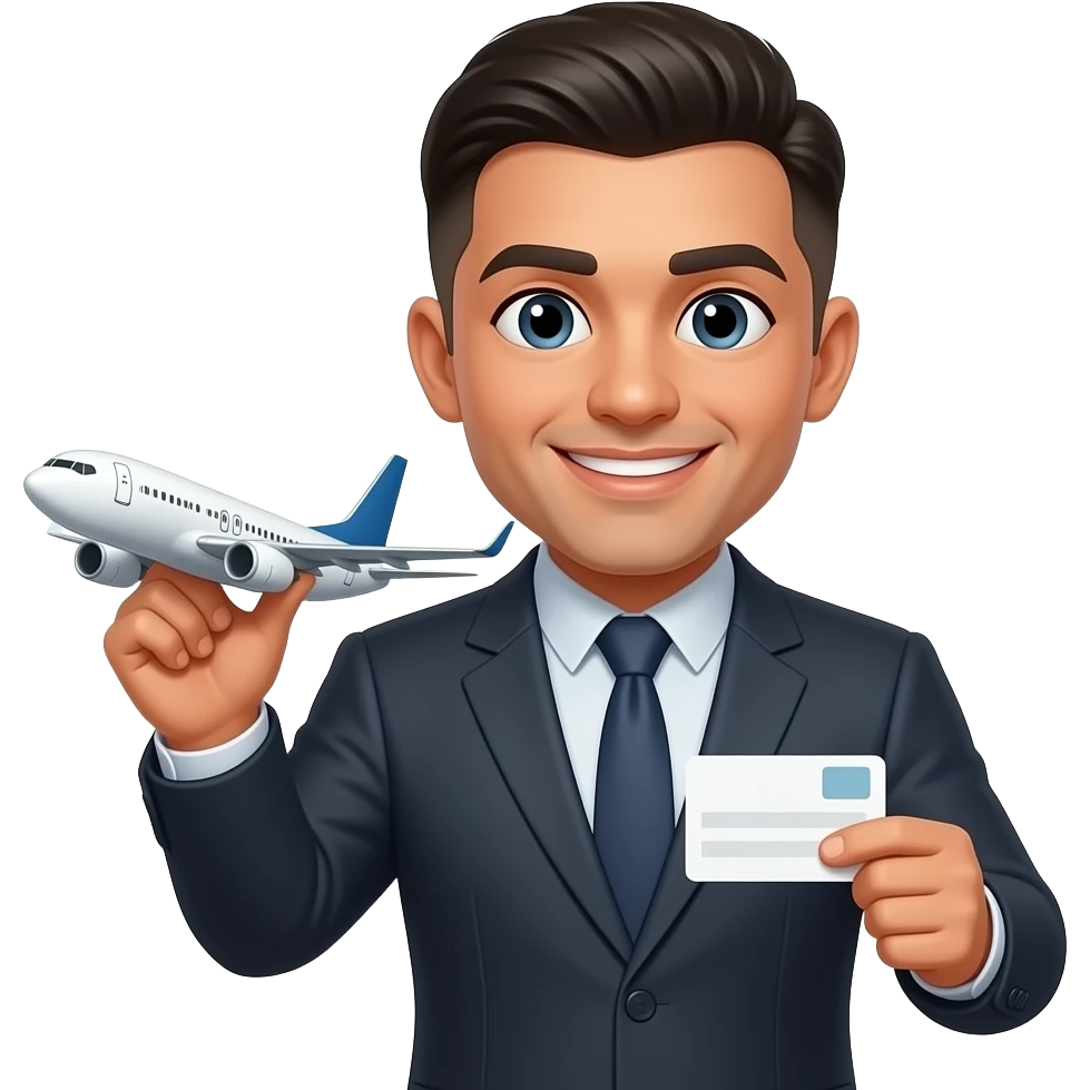 Hispanic guy with a lined up bowl cut wearing a suit holding an airplane and a business card emoji