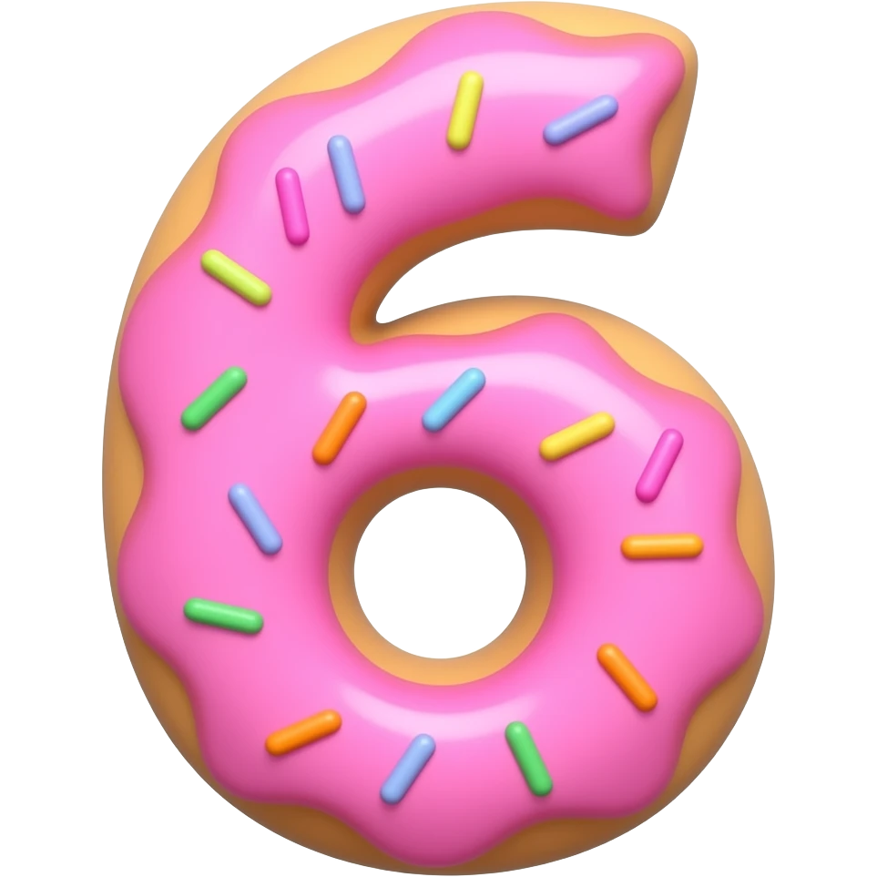 donut shaped number 6, pink icing, 3D cartoon style emoji