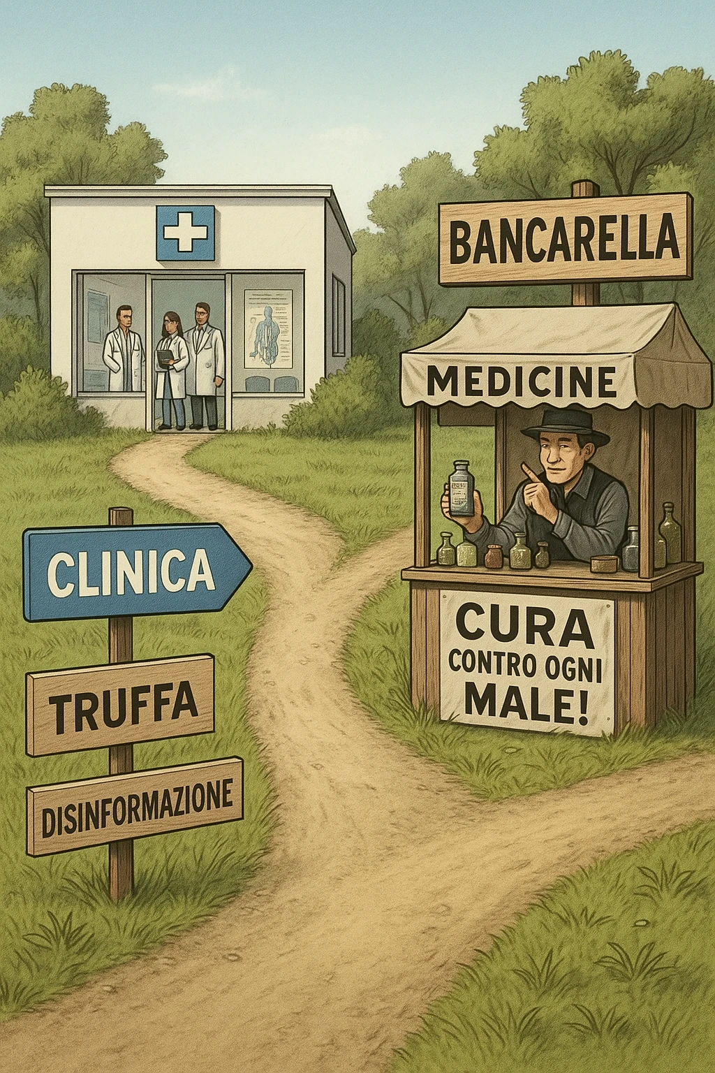 two paths diverge—one leads to a trustworthy clinic with doctors and scientific posters, the other to a shady stand selling “miracle” medicines with exaggerated claims. Signs along the second path warn of scams and misinformation. The scene encourages viewers to choose reliable, science-based healthcare. in italiano emoji