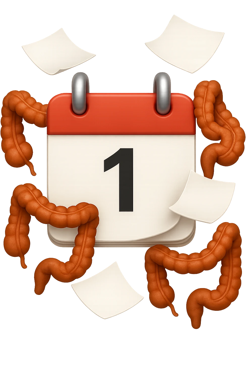 emoji stile iphone di un calendario con fogli che volano insieme a pezzi anatomici di colon umano, iperrealistico 4k, isolato su sfondo bianco emoji