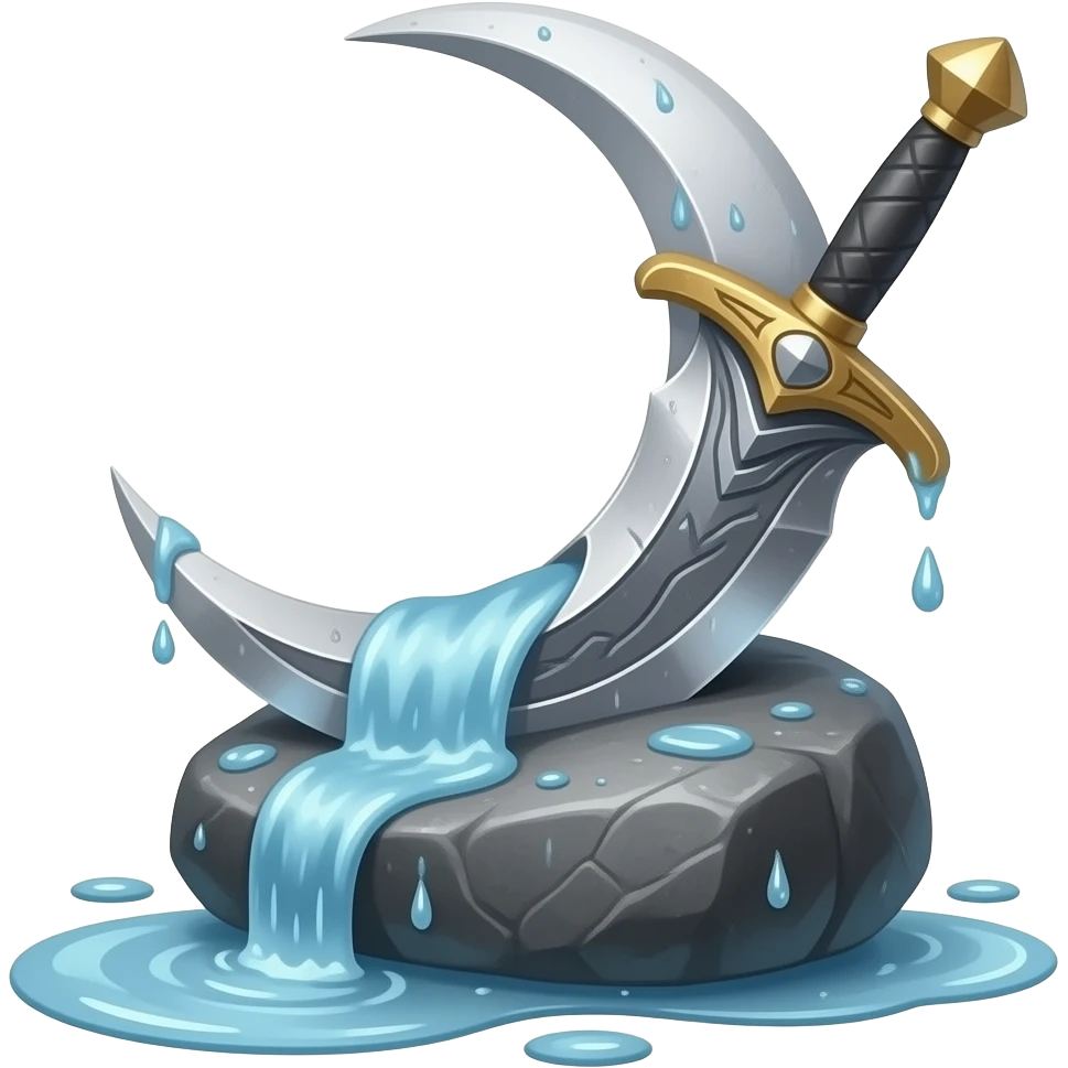 a fallen moon‑crescent blade, its engraved metal gleaming faintly on rain‑drenched stone, stormwater running along its curve, silver light pooling around it like a quiet omen emoji