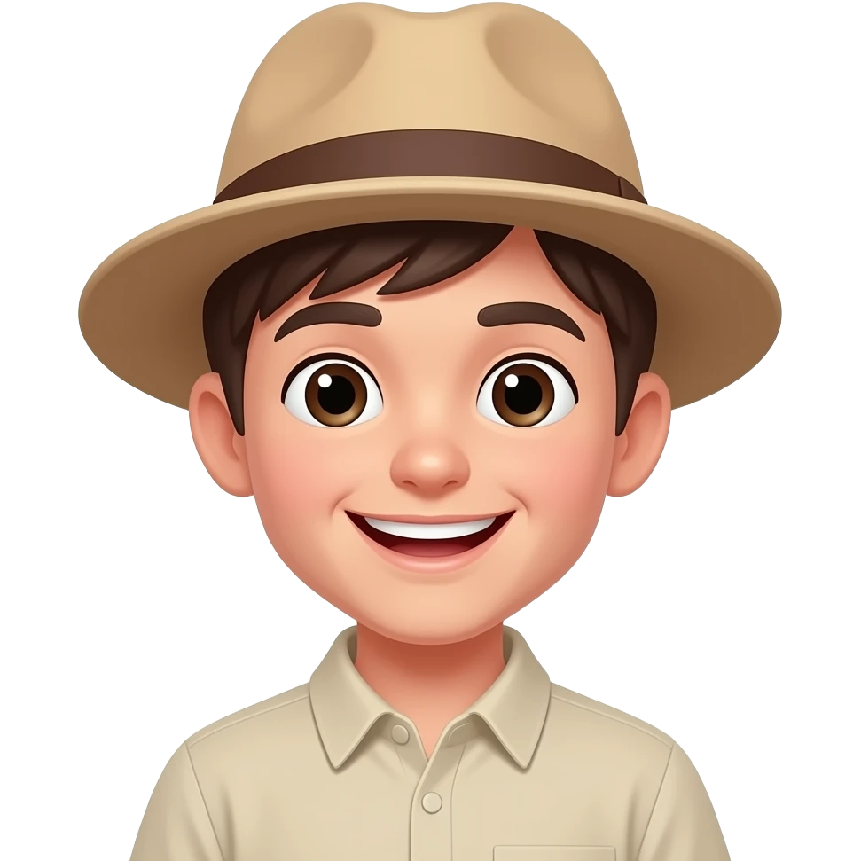 a kid with beige hat ah shirt on smiling at his dad emoji