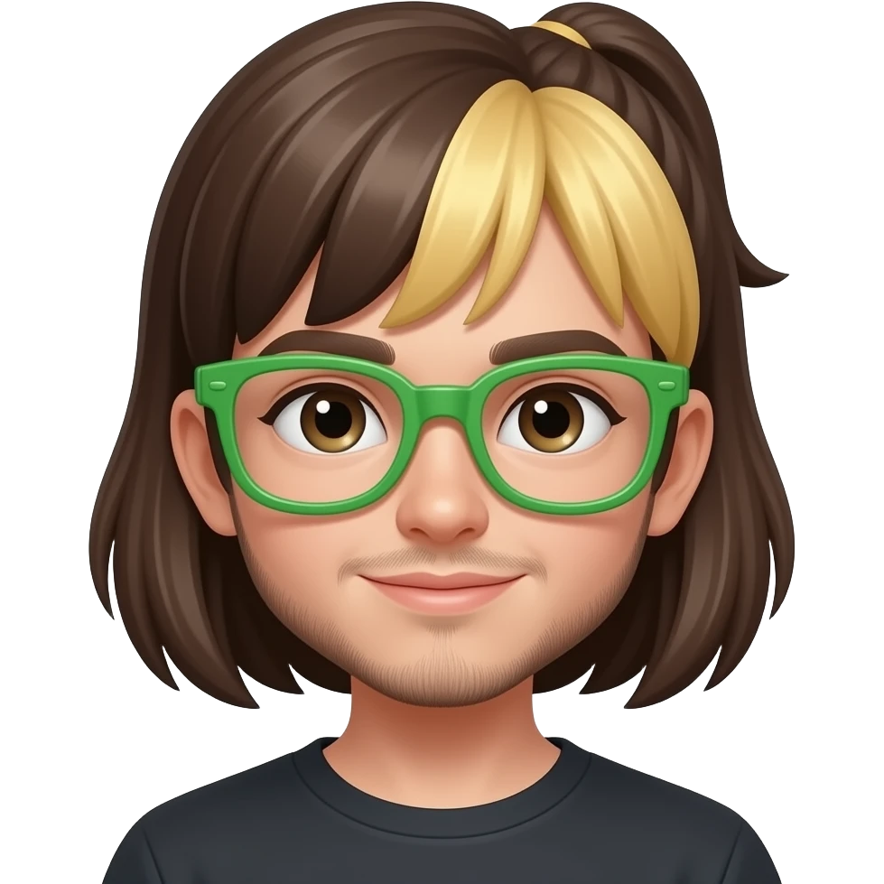 Chica con pelo corto marron con mechas rubias sin moña con gafas de pasta verde y al lado chico con pelo negro corto con media moña a un lado casi calvo poca densidad de pelo y baba corta con bigote corto pero que se note que tiene pelo los dos con ojos oscuros emoji