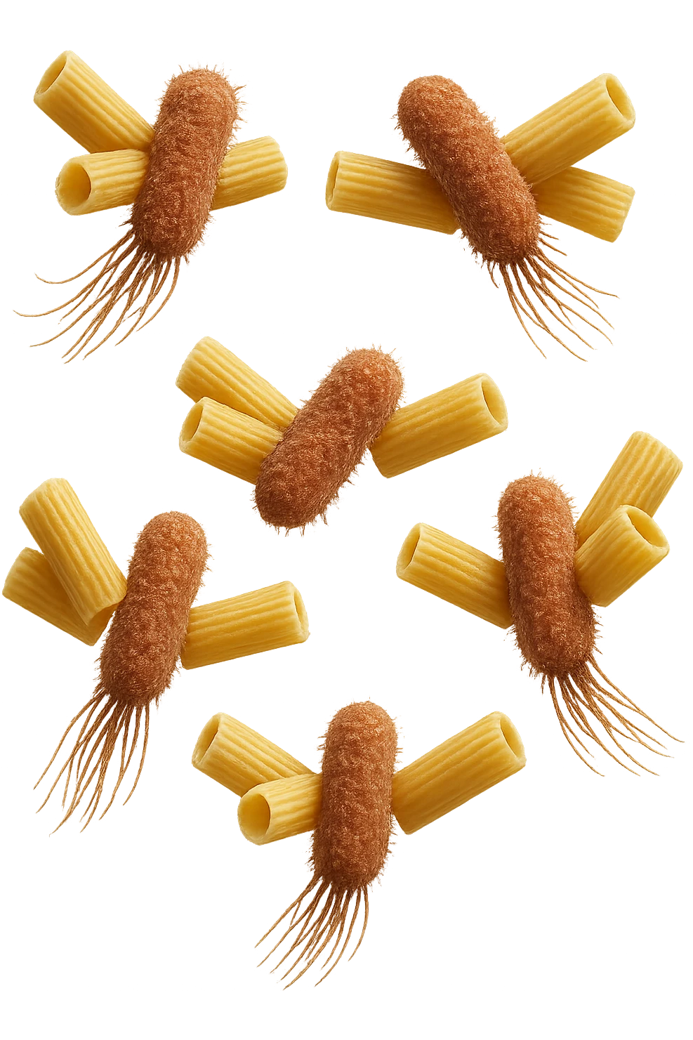 SEI BATTERI intestinALI FLUTTUANO IN ARIA CON PENNE DI PASTA RIGATE, IPERREALISTICO 4K emoji