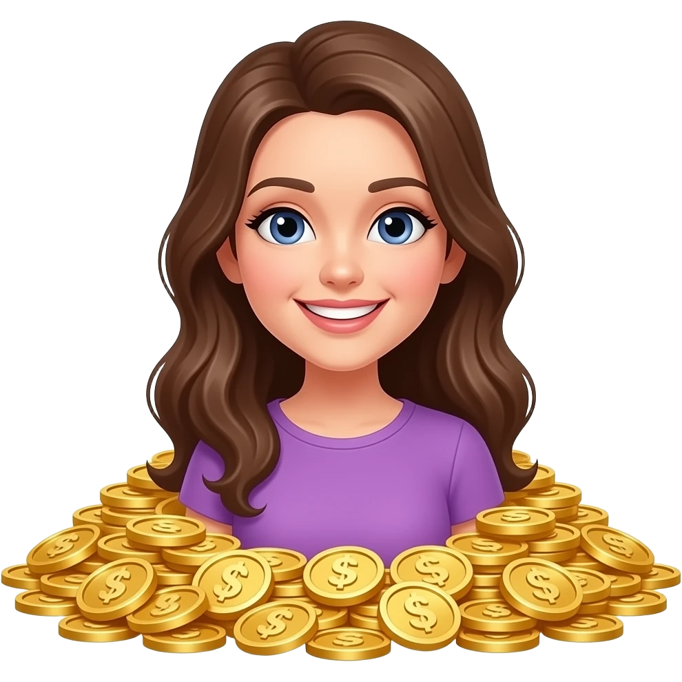 Счастливая женщина с кучей золота в фиолетовой одежде emoji