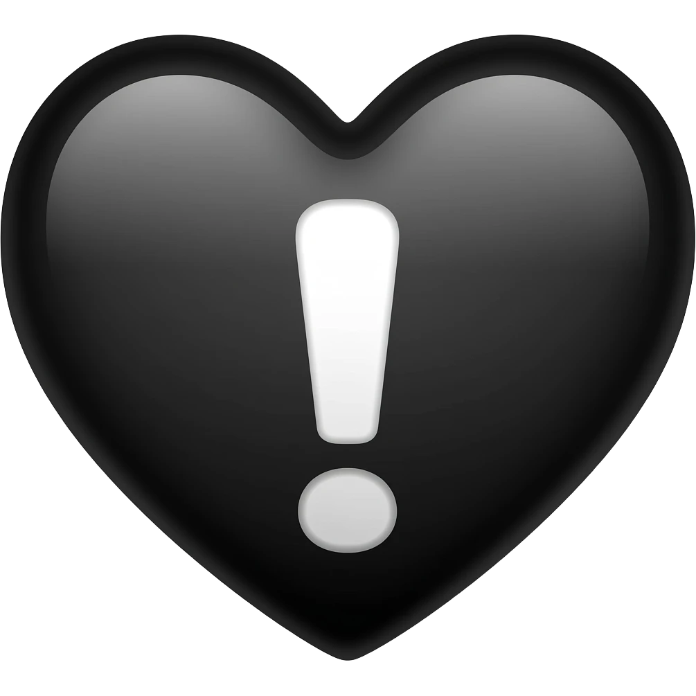 exclamation mark with black heart, glossy, cute, 3D emoji style, soft lighting emoji