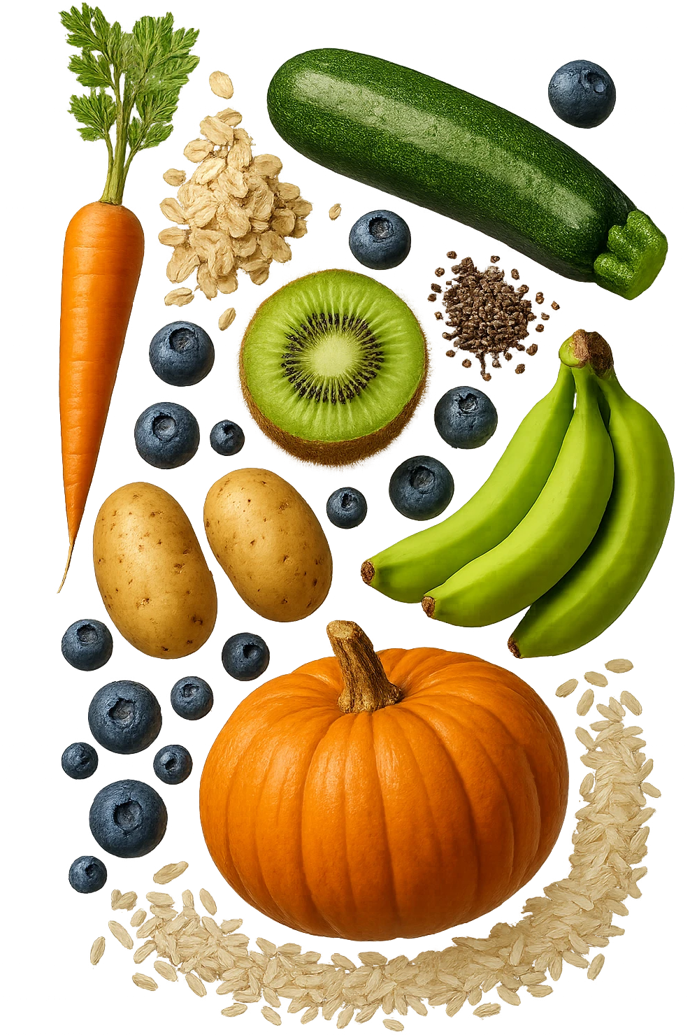carota, fiocchi di avena, zucchine, kiwi, mirtilli, semi di chia, patate, banane acerbe, zucca, riso fluttuano in aria verticalmente, iperrealistici 4k emoji