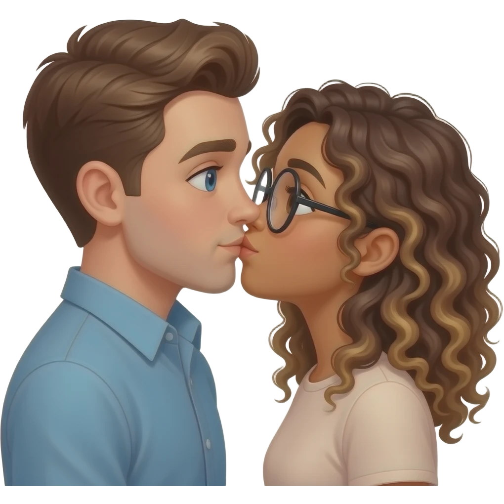 Homme blanc cheveux châtain avec yeux bleu et fille métisse cheveux bouclés marrons et blonds avec des yeux marrons et des lunettes rondes qui s’embrassent emoji