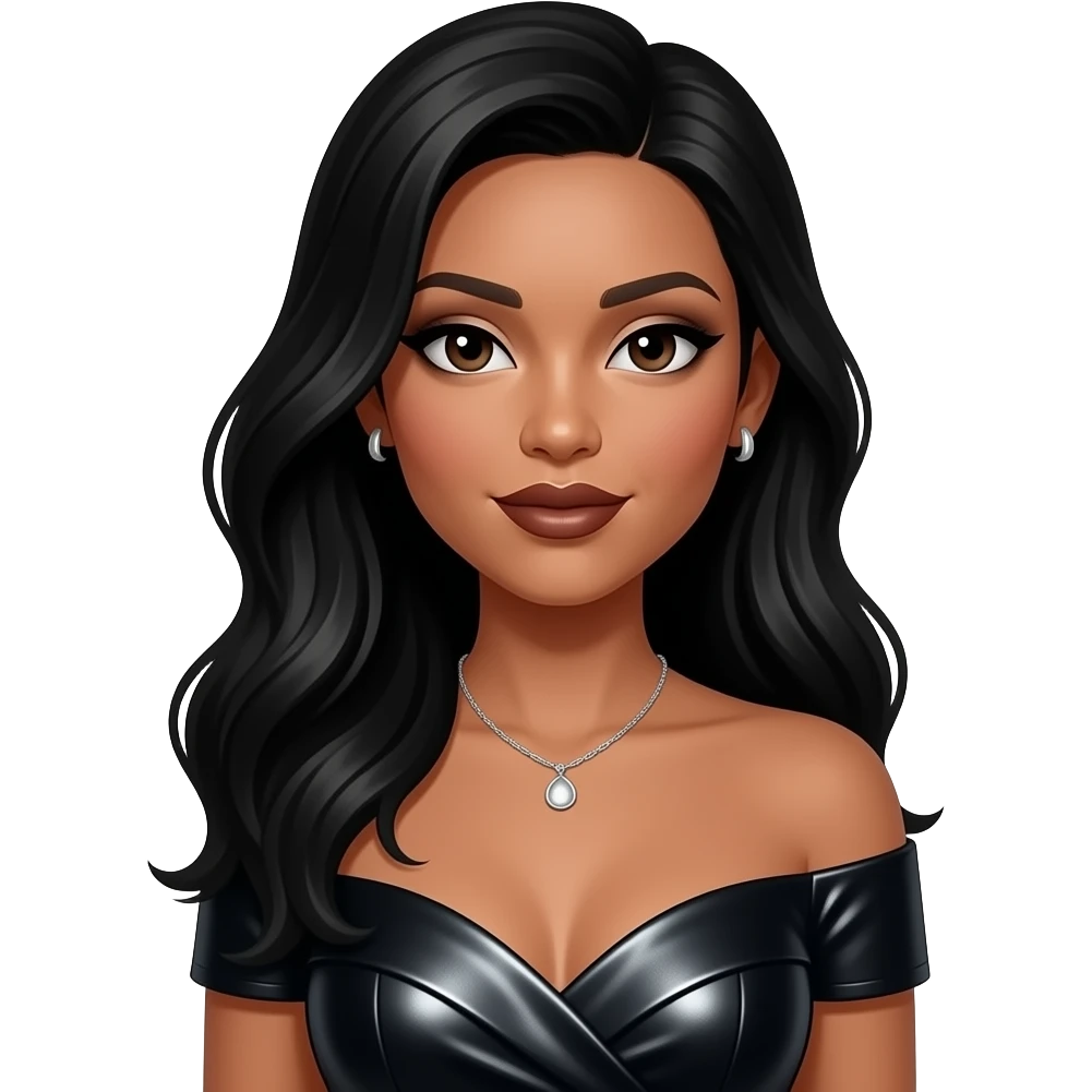 Tanisha Thomas with dark brown eyes, long black hair, silver eyeshadow, dark brown lipstick, black metallic off shoulder dress, silver necklace and earrings emoji