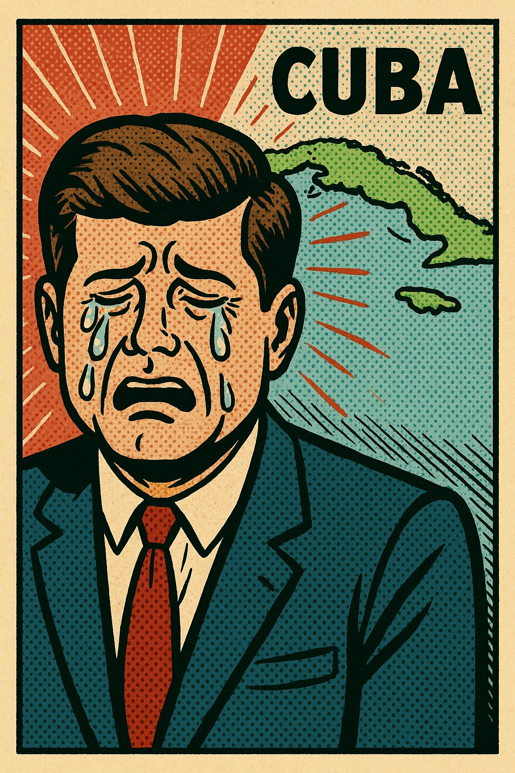 A very sad President Kennedy crying with a map of Cuba behind him emoji