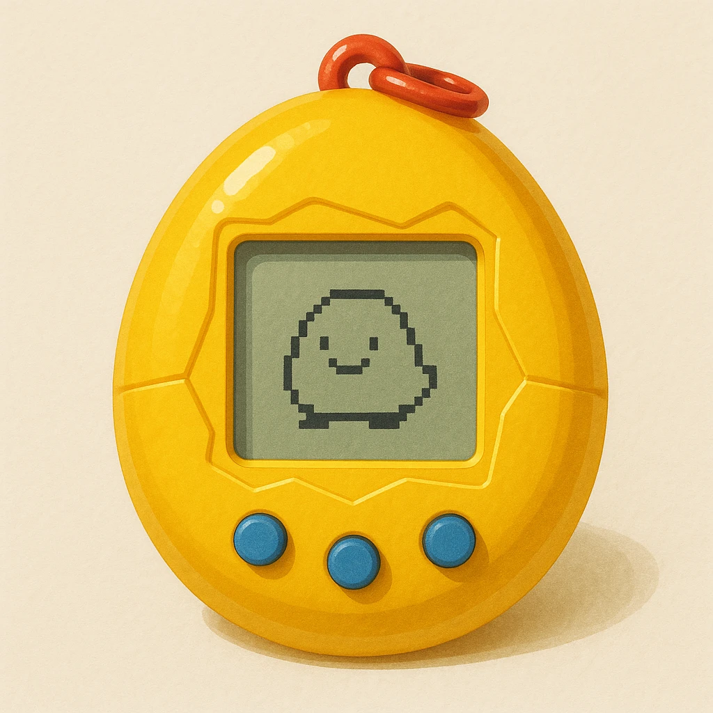 Tamagotchi virtual pet device, simple digital egg shape with small screen and buttons, playful and nostalgic emoji