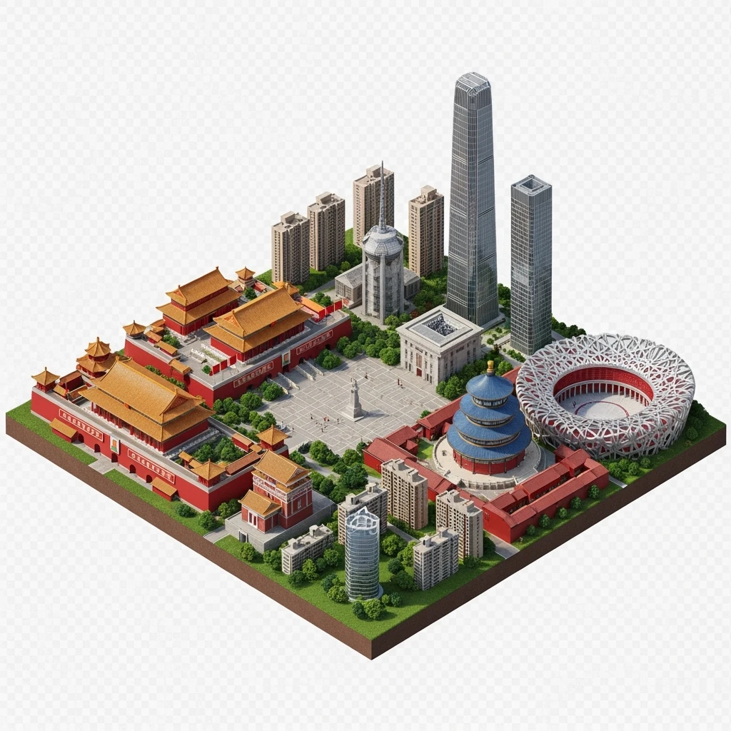 Isometric miniature of Beijing Forbidden City, Tiananmen Square, CCTV Headquarters, Temple of Heaven, China Zun skyscraper, Bird’s Nest Stadium, Beijing apartment blocks, 3D miniature effect and Tilt Shift effect, no cartoonish look, transparent background, don't cut angles emoji