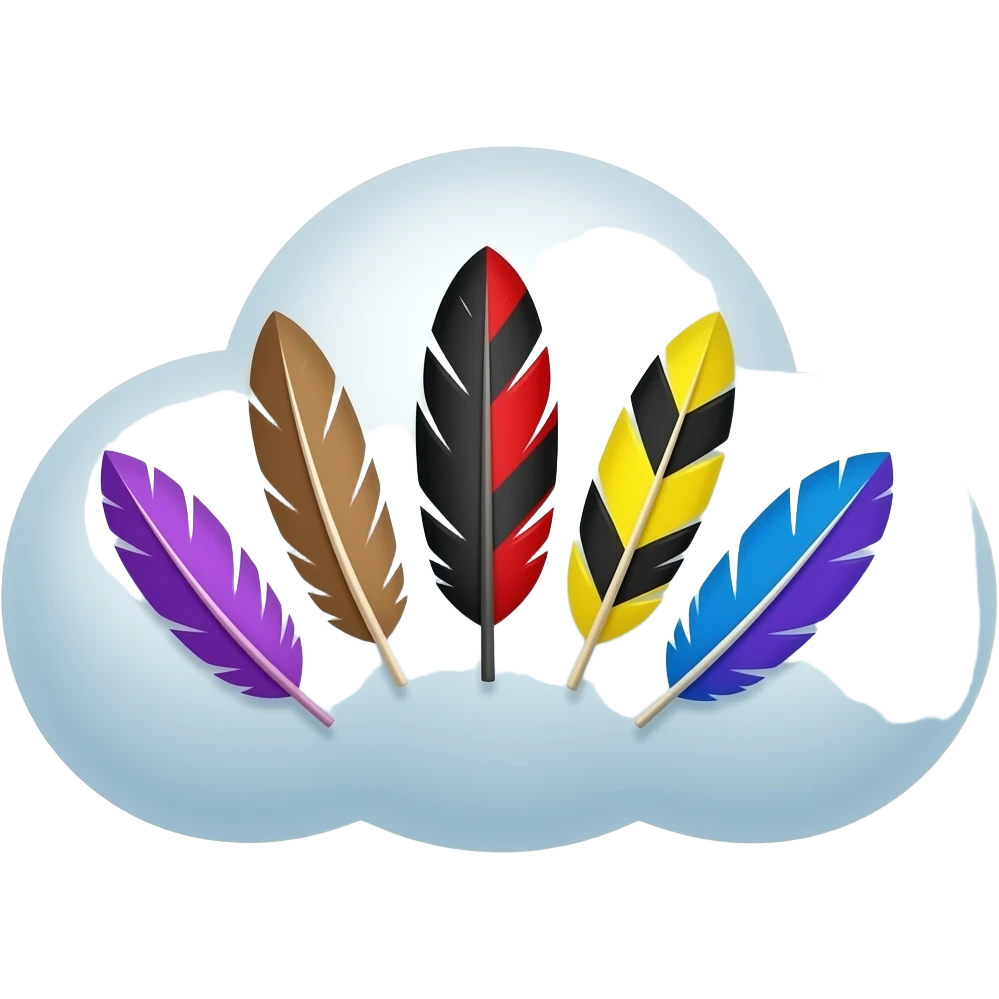 Una nuvola con dentro 5 piume: una viola una marrone una nera e rossa una gialla e nera e una azzurra e viola emoji