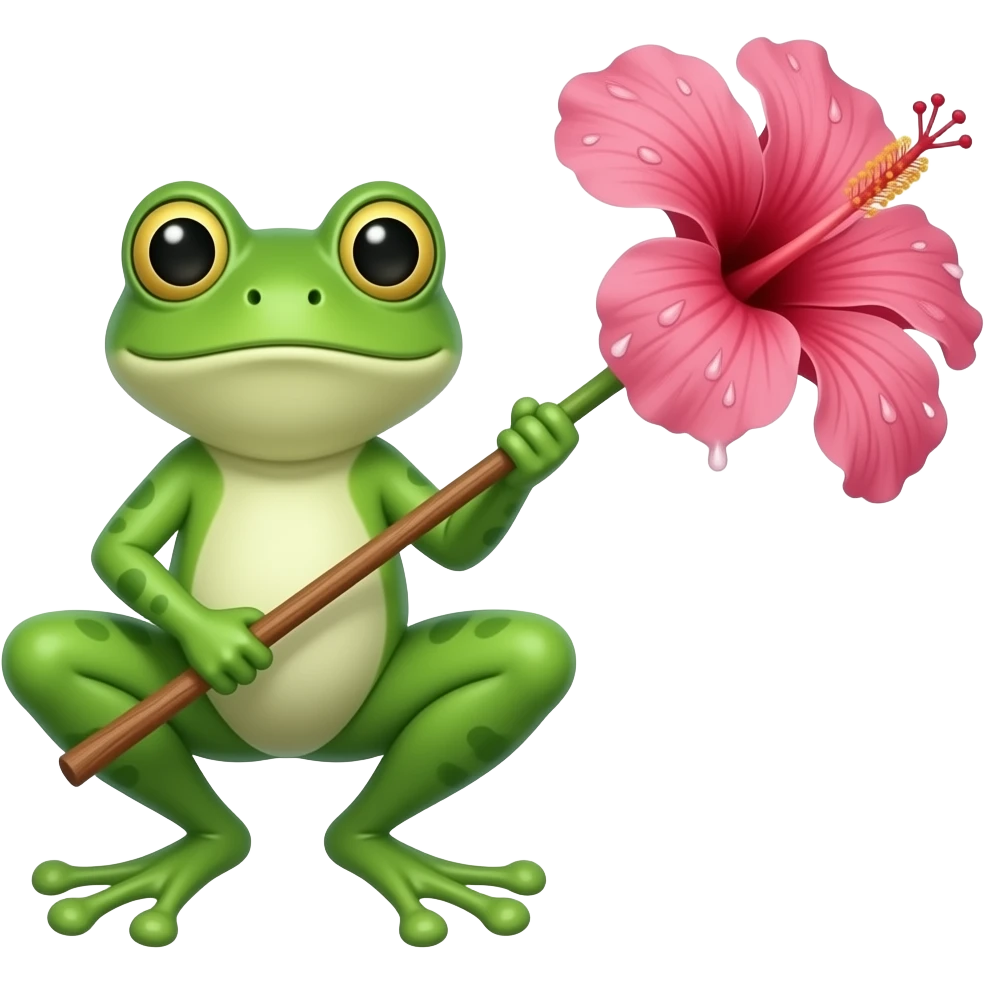 Grenouille avec une baguette partant du bas ventre. Un hibiscus est situé au bout de la baguette, il a des goutes blanches sur les petales emoji