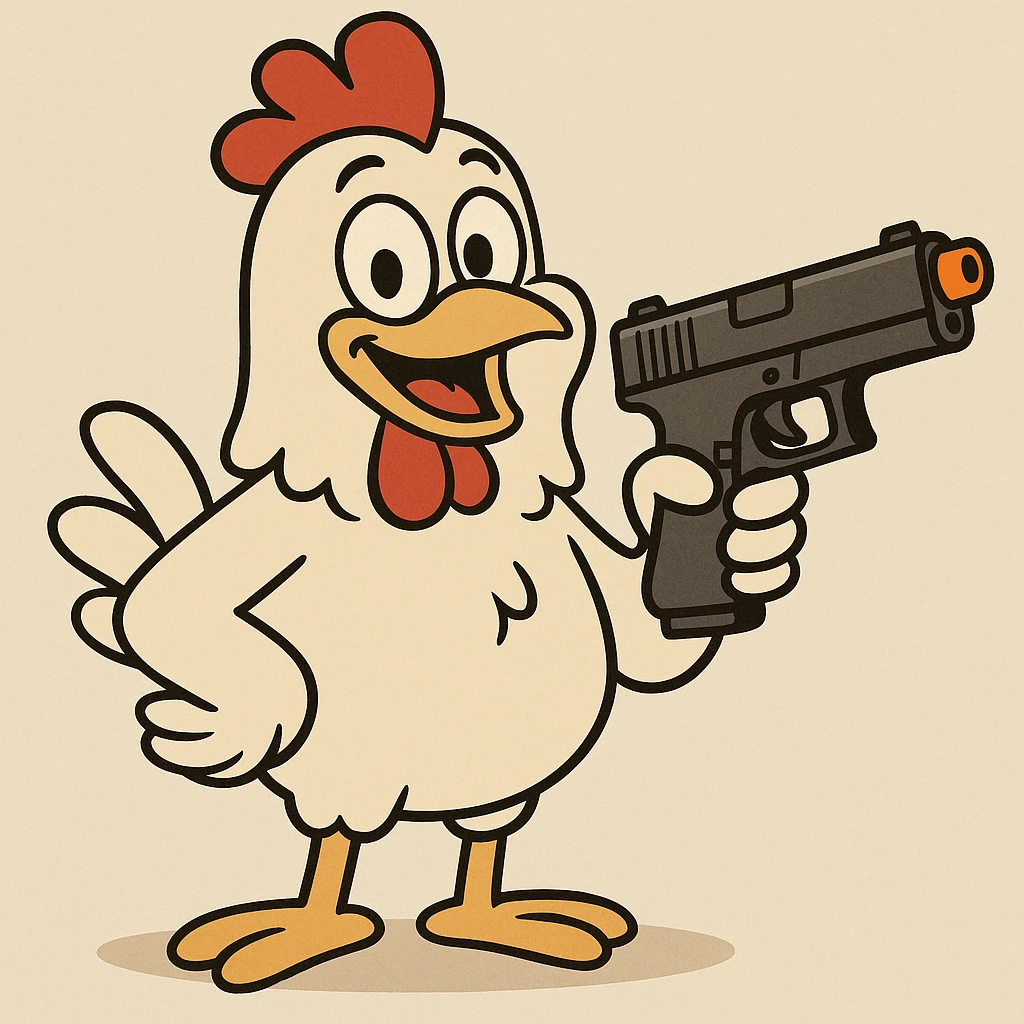 cartoon chicken holding a water gun shaped like a Glock, orange tip, cheerful and safe emoji