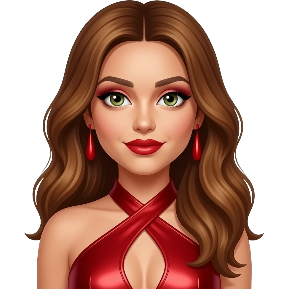Jesy Nelson from Little Mix with hazel-green eyes, long auburn hair, red eyeshadow and lipstick, red metallic halter dress, red earrings emoji
