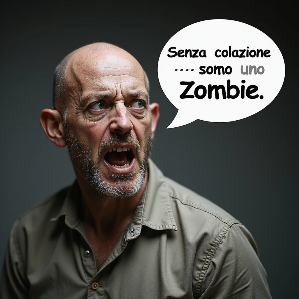 hyperrealistic 4K man isolated on white background with a speech bubble saying 'Senza colazione sono uno zombie', funny expression, realistic details emoji