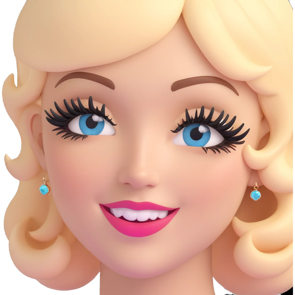 3D emoji of a smiling, feminine face with big eyelashes, no body, colorful and friendly, romantic style, with feminine accessories, motif: kiss, transparent background emoji
