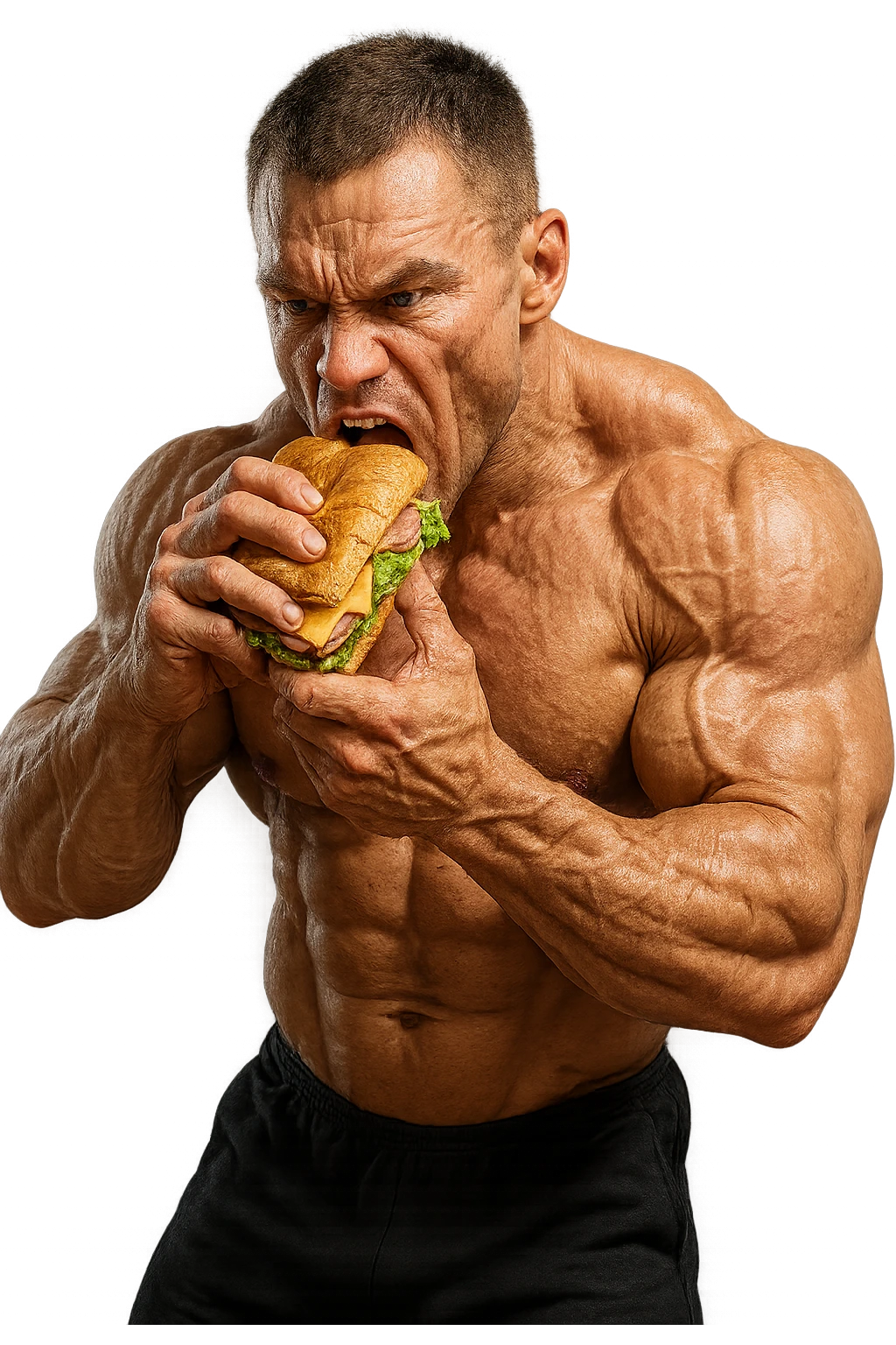 bodybuilder che mangia affamato un panino, iperrealistico 4k emoji
