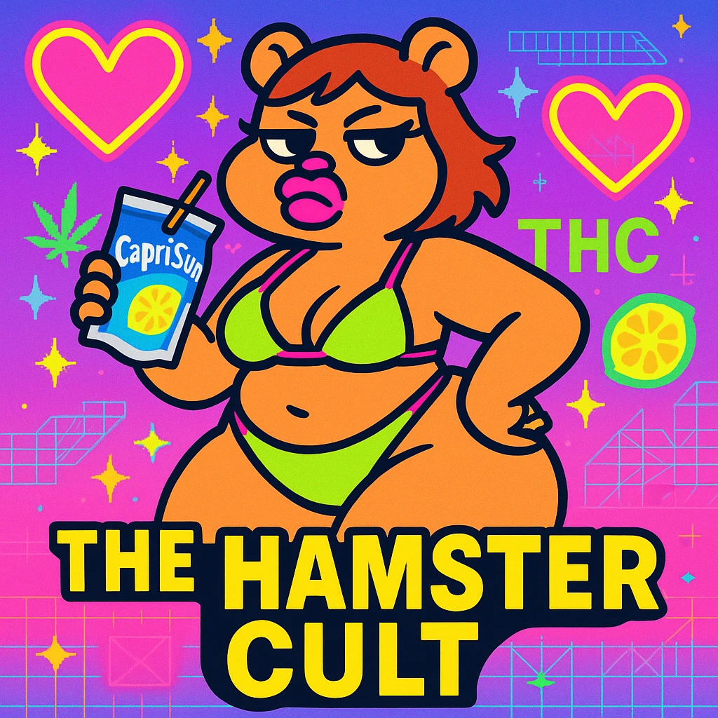 Vibrant, square Discord server icon for 'The Hamster Cult (THC)'. Central character: thick tan anthro cute hamster girl with big thighs, chubby tummy, pouty lips, and a bratty attitude, wearing a neon bikini and holding a Capri Sun. Colorful, vaporwave-inspired background with sparkles, neon hearts, fruitger aero and webcore pixel details, weed leaf, subtle 'THC' logo. Minimal or no snacks. Playful, bratty, chaotic but polished, perfect for a Discord icon. emoji