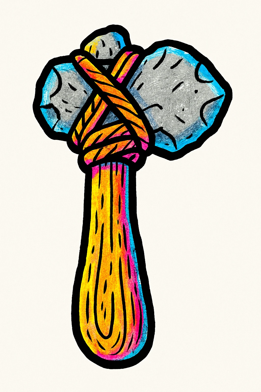 conpep-style cartoon illustration of a Stone Age hand axe, centered on a clean white background. The axe has a sturdy wooden handle with visible texture, tightly wrapped with thick rope binding a roughly shaped gray stone blade securely at the top. The stone is gray with natural irregularities, and the wood is light brown with grain details. Soft shadows and glossy highlights create a polished, three-dimensional emoji-like appearance. The overall style is clean, primitive, and sturdy. emoji