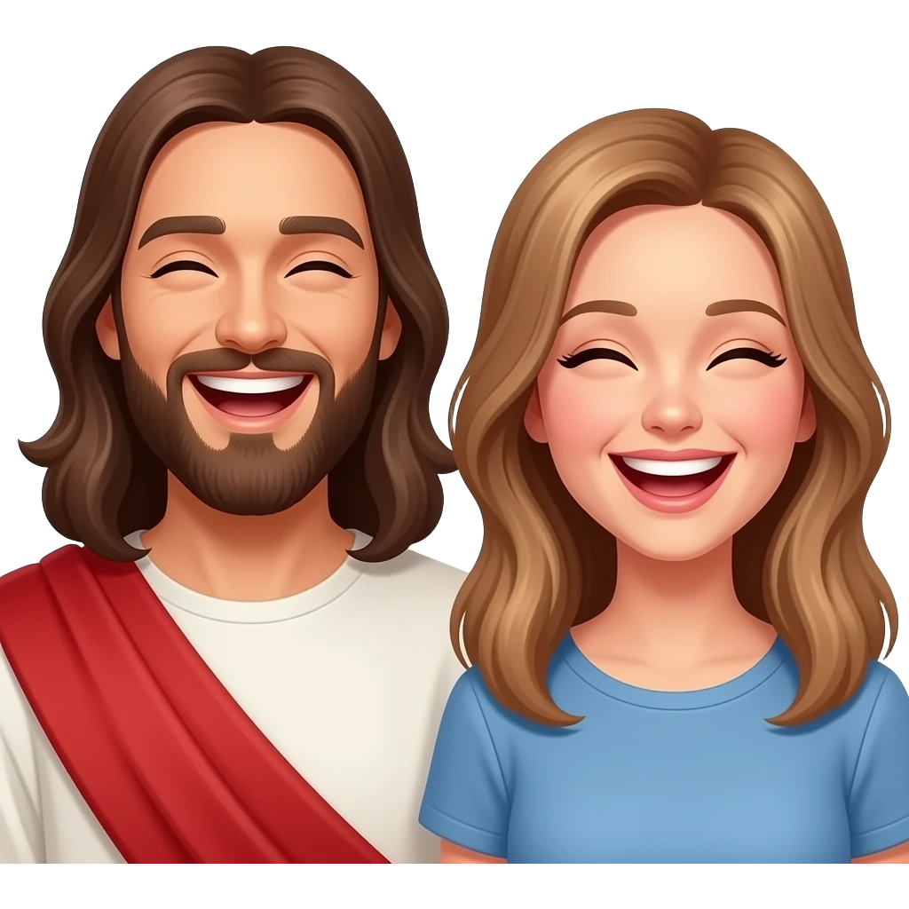 Jesus laughing hard with a modern day woman with light brown hair laughing hard as well emoji