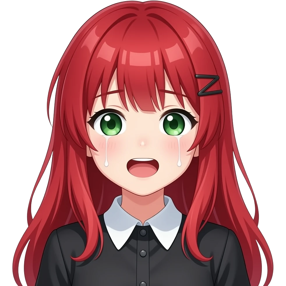 anime girl happy cryred hair green eyes black blouse with white collar emoji