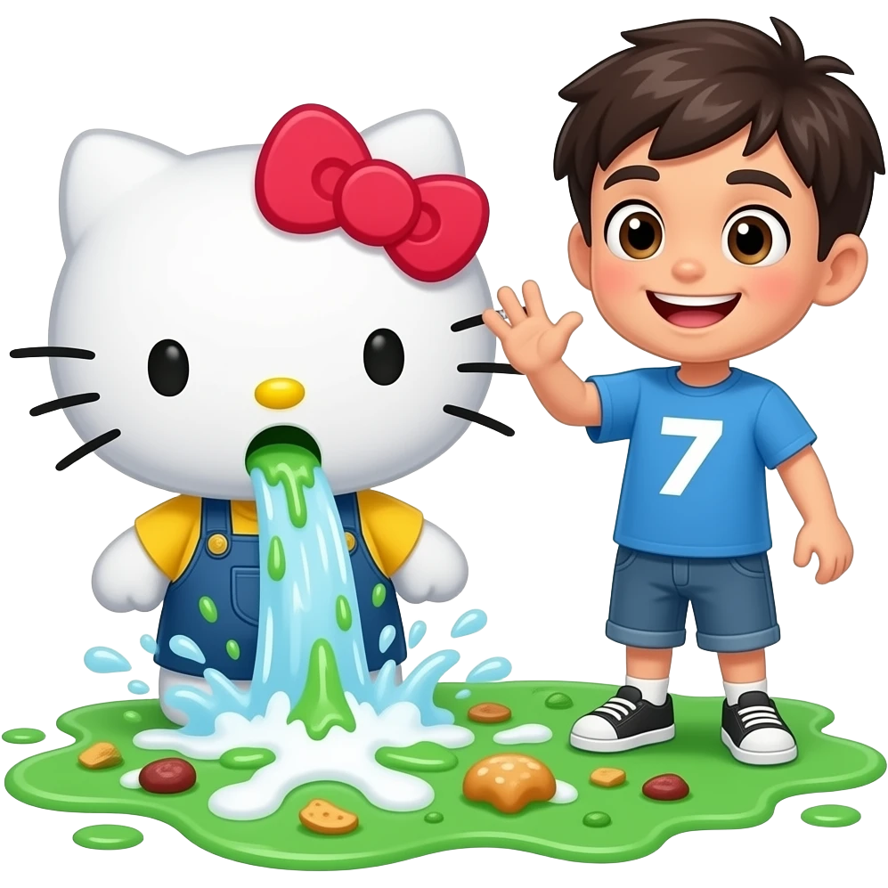 green and white, throwing up, Hello Kitty and Gen Z boy throwing up together, a lot, covering the ground in vomit, Niagara Falls coming out of her mouth, with bits of food in it emoji