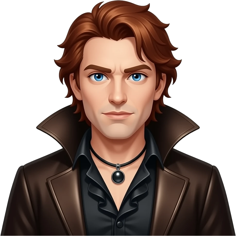 Van Helsing with blue eyes, reddish brown hair, black metallic ruffle shirt, black necklace, dark brown metallic cape emoji