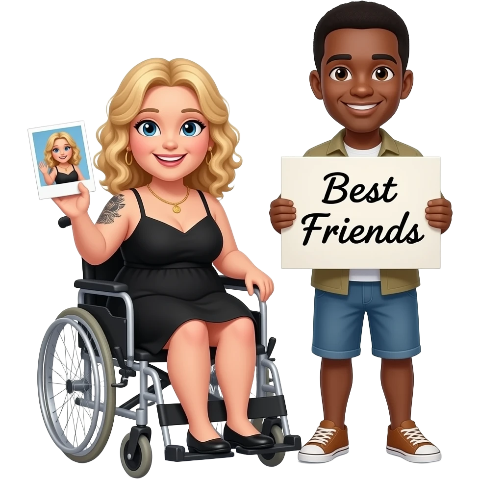 Plus size women waving in wheelchair Blonde curly hair blue eyes black tattoos a black summer dress with a Polaroid photo of herself and African American man black hair brown eyes no facial hair saying “Best Friends” in cursive writing emoji