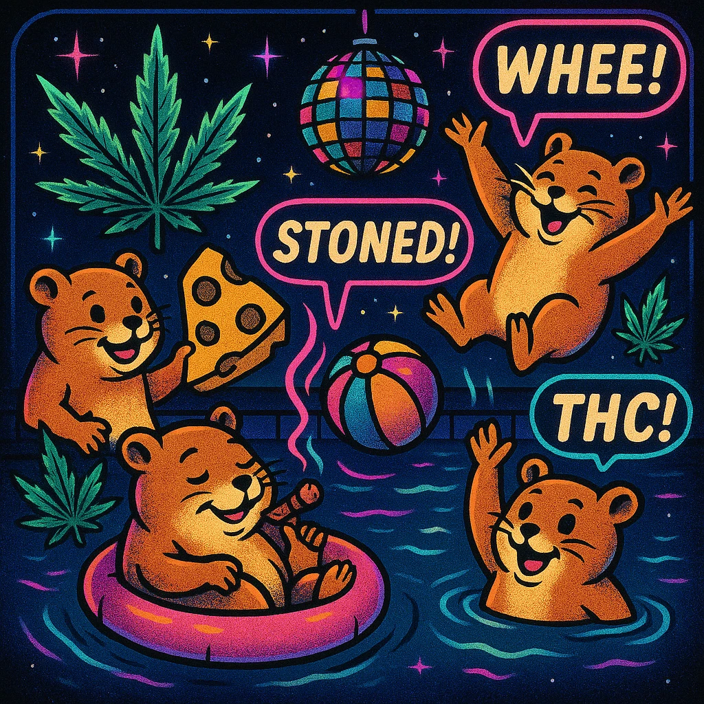 Make the pool party scene a night scene with a dark sky, glowing disco ball, neon pool lights, and sparkling stars. Keep the retro comic book style, weed, cheese, and THC theme. emoji