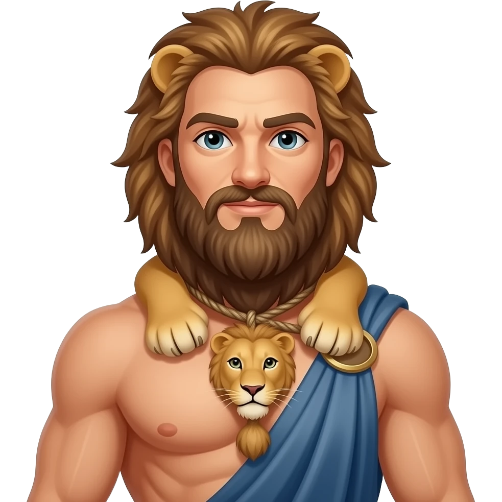 Hercules with beard, facing, having tied lion on his neck emoji