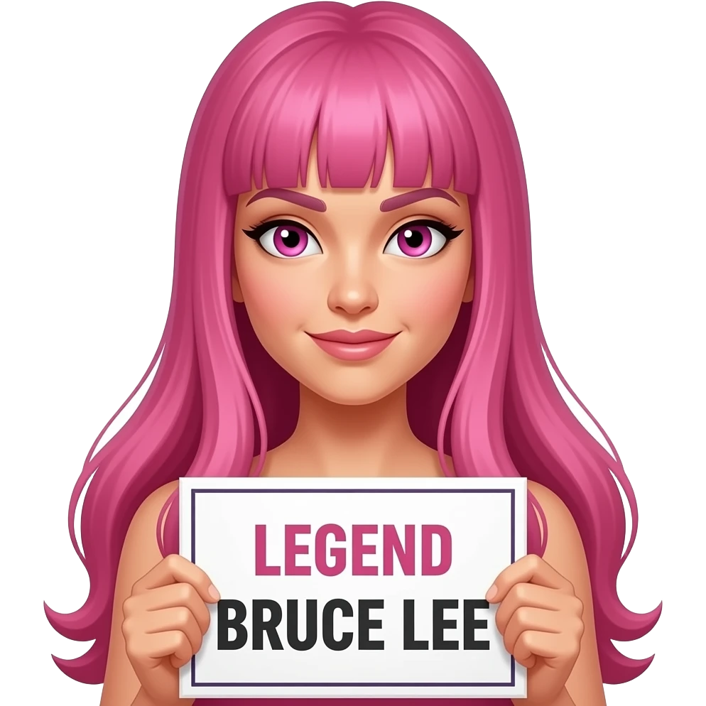 sexy girl with long pink hair and pink eyes holding LEGEND BRUCE LEE sign emoji