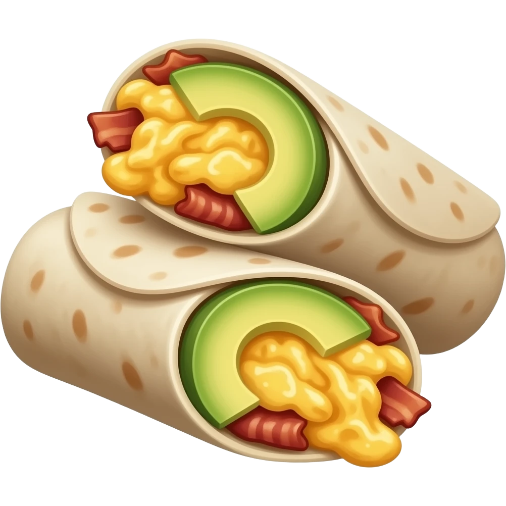breakfast burrito cut in half in 2 pieces with scrambled eggs, avocado, bacon inside. emoji